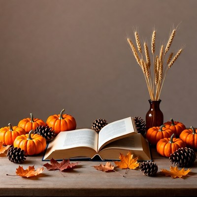 Open Book with Pumpkins and Wheat