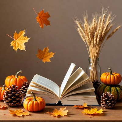 Open Book with Pumpkins and Fall Leaves
