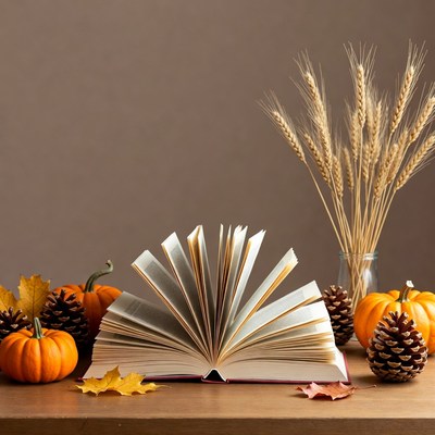 Open Book with Pumpkins and Wheat