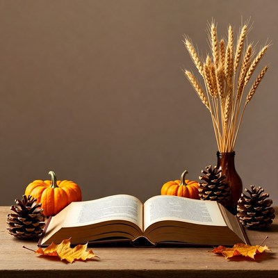 Open Book with Pumpkins and Wheat