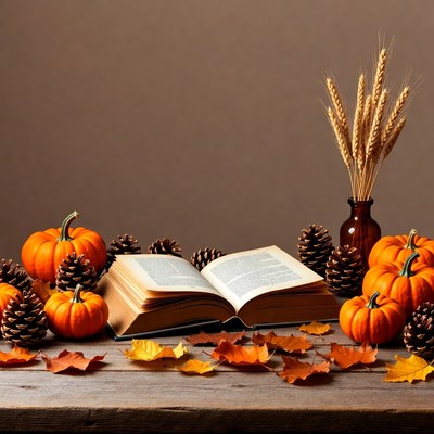 Open Book with Pumpkins and Fall Leaves