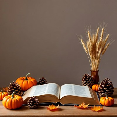 Open Book with Pumpkins and Wheat
