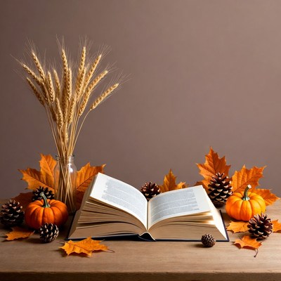 Open Book with Autumn Leaves Pumpkins