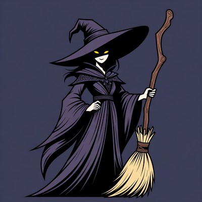 Cartoon Witch Holding Broom