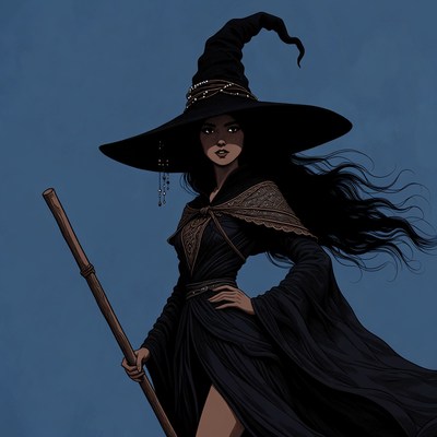 Witch holding staff in flowing gown