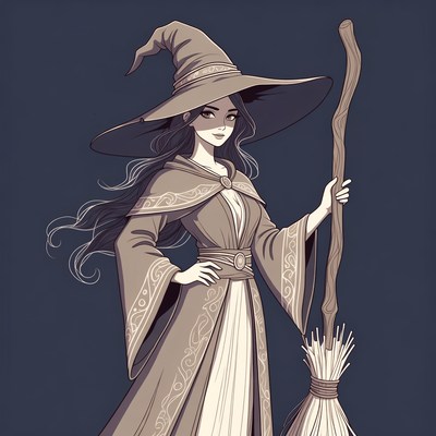 Witch holding broom and staff
