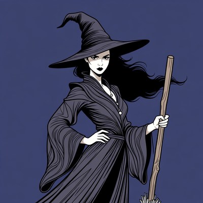 Witch holding broomstick illustration