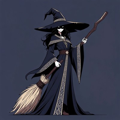 Witch holding broom and staff