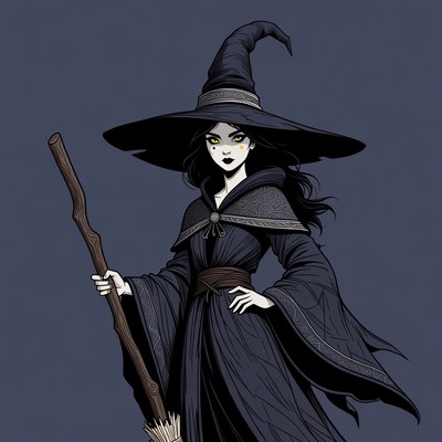 Witch holding broomstick and staff