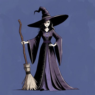 Witch holding broomstick and staff