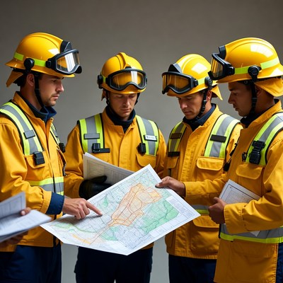 Firefighters examining map together