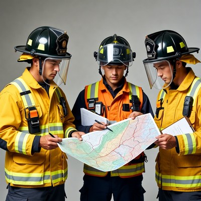 Three firefighters examining map
