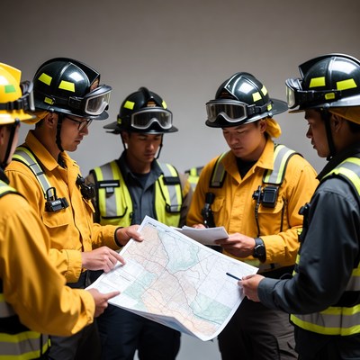 Firefighters reviewing map together