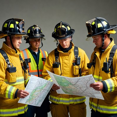 Firefighters reviewing map together