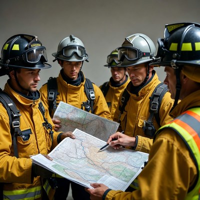 Firefighters reviewing map together