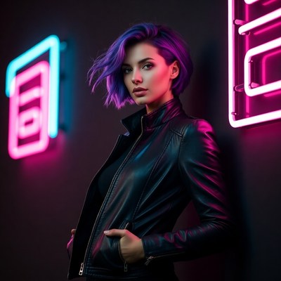 Woman with purple hair neon lights