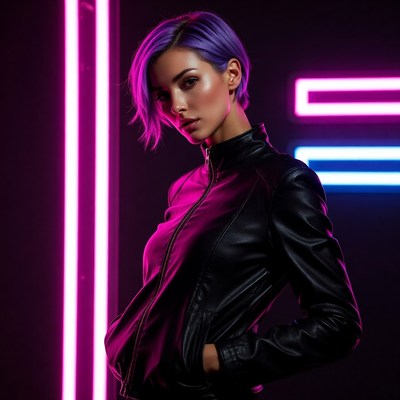 Woman with purple hair in neon lights