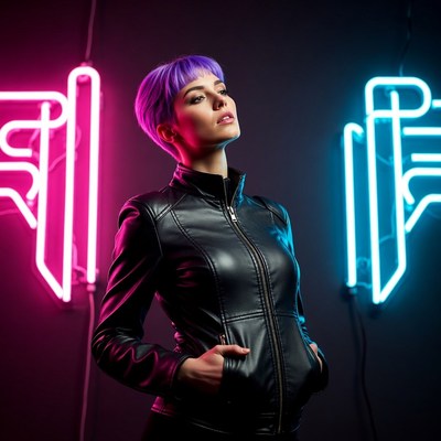 Woman with purple hair in neon lights