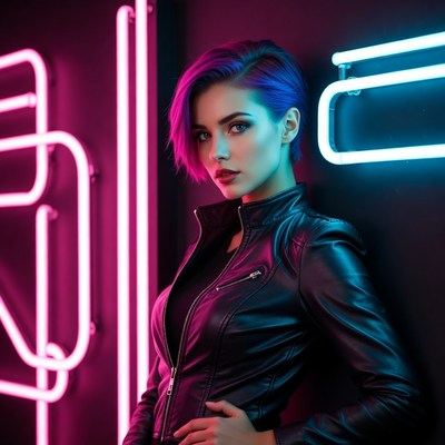 Woman with purple hair neon lights