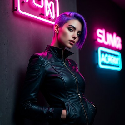 Woman with purple hair by neon signs
