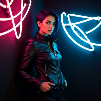 Woman in leather jacket with neon lights