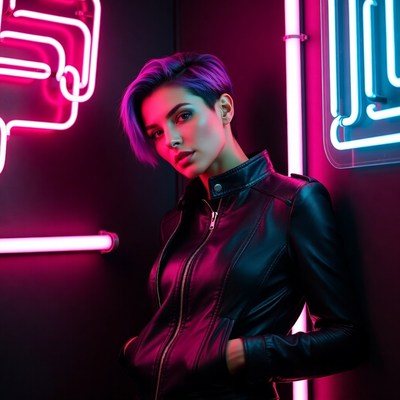 Woman with purple hair neon lights