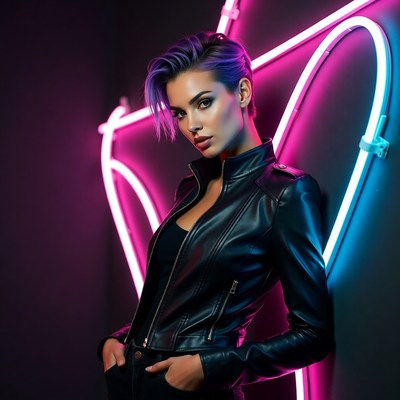 Woman with purple hair by neon lights
