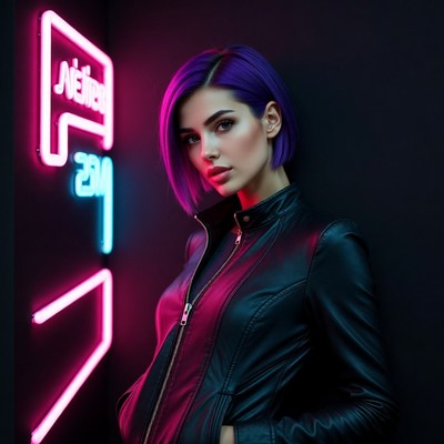 Woman with purple hair by neon sign