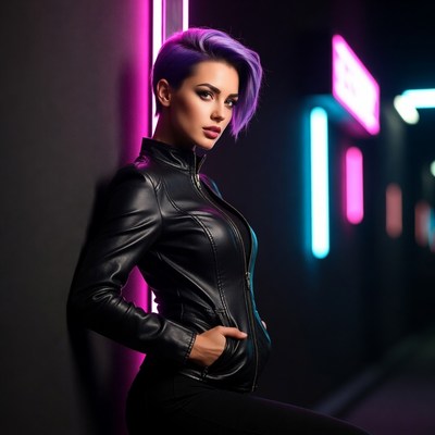 Woman with purple hair neon lights