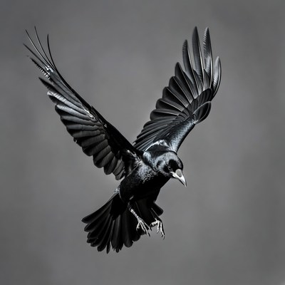 Flying black crow with spread wings