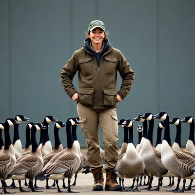 Woman standing with Canada geese