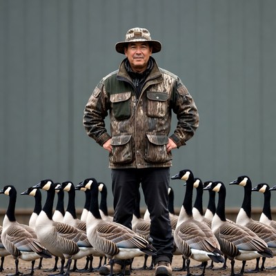 Man standing with Canada geese
