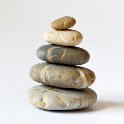 Stacked balanced pebbles on white background