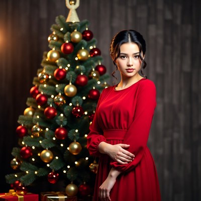 Asian woman in red dress by Christmas tree