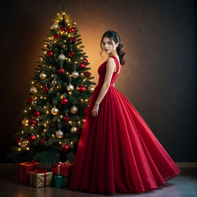 Asian woman in red gown by Christmas tree