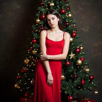 Woman in red dress by Christmas tree