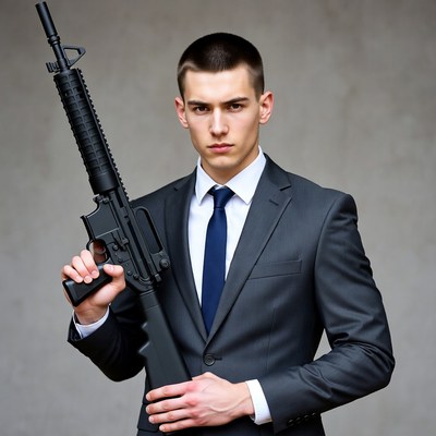 Man in suit holding assault rifle