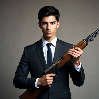 Man in suit holding shotgun