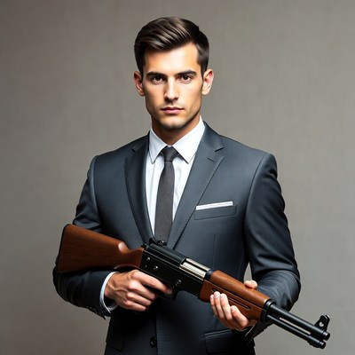 Man in suit holding rifle