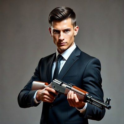 Man in suit holding AK-47