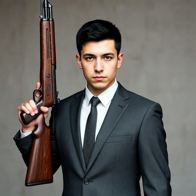 Man in suit holding rifle