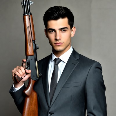 Man in suit holding shotgun