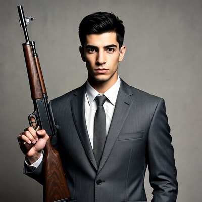 Man in suit holding rifle