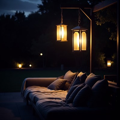 Outdoor Daybed with Lanterns at Night