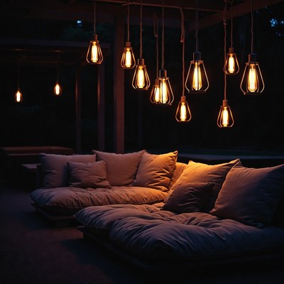 Hanging Edison Bulb Lights Over Outdoor Sofas