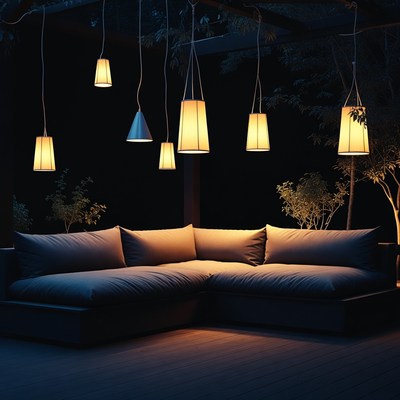 Hanging lanterns over outdoor sofa
