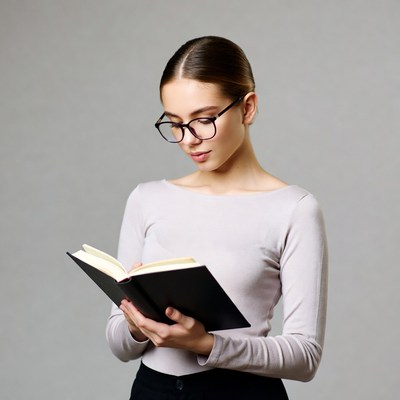 Young woman reading book in glasses