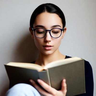 Young woman reading book in glasses