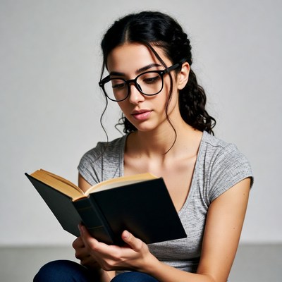 Young woman reading book in glasses