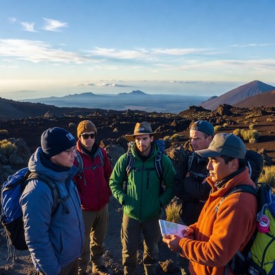 Group of men reading map on volcano